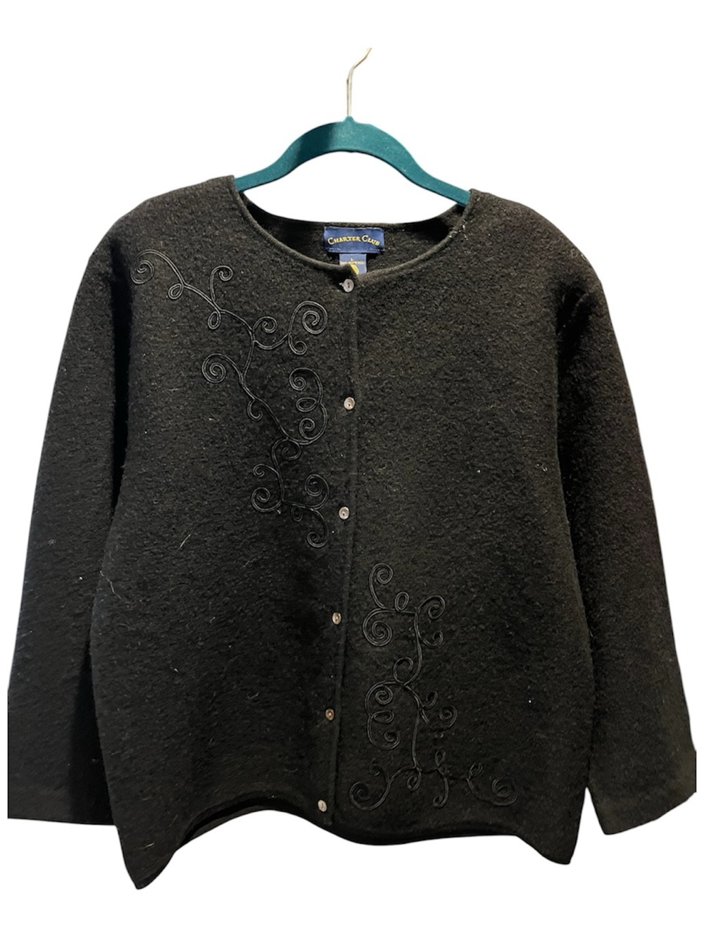 Charter Club Black Embroidered Button-Front Wool Cardigan